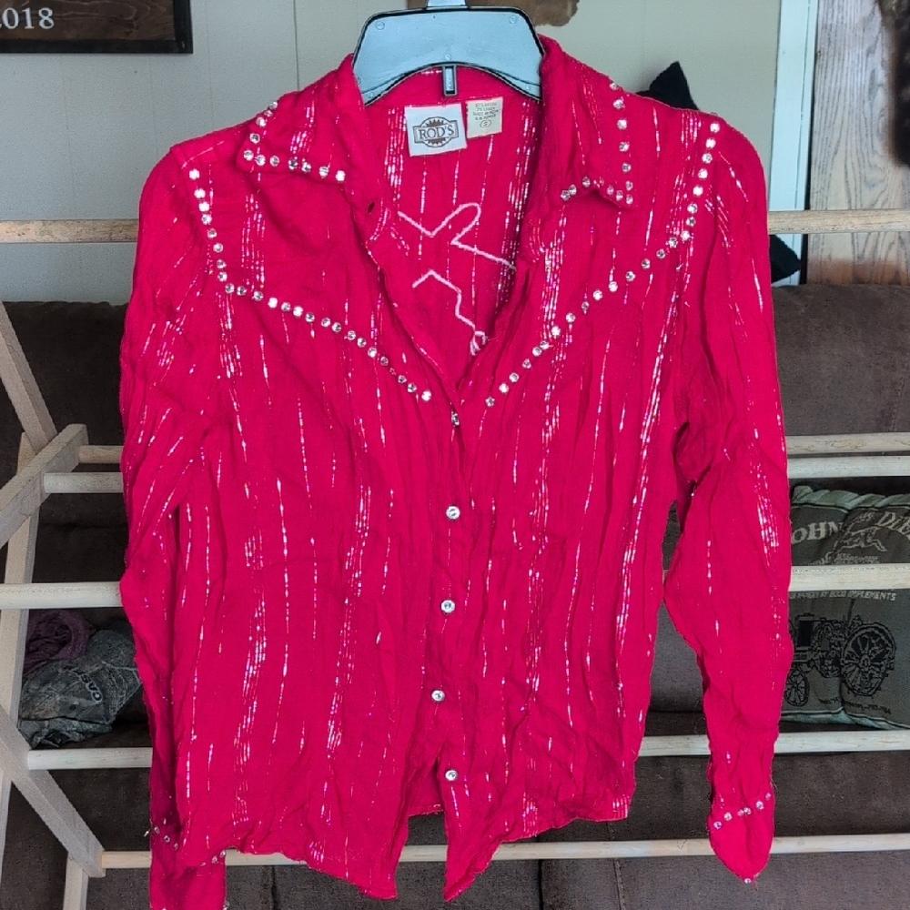Red Western Button-Up Shirt with Studs